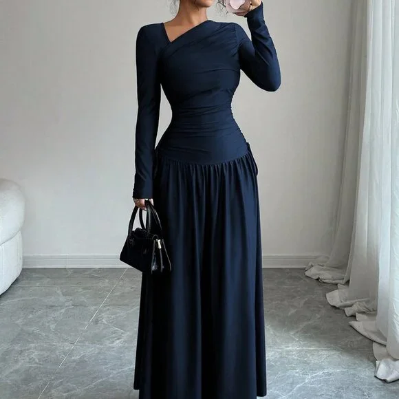 Royal Elegant Women's Oblique Collar Long Sleeve Pleated A-Line Long Dress - Picture 3 of 8